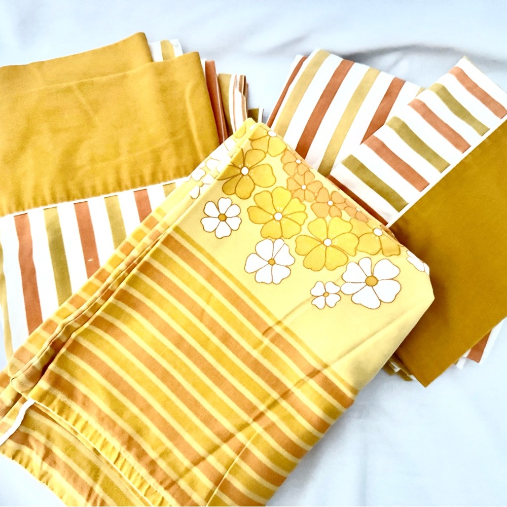 Vtg JC Penney Flat Fitted Pillowcase Duvet Twin Yellow Goldenrod Stripes 70s